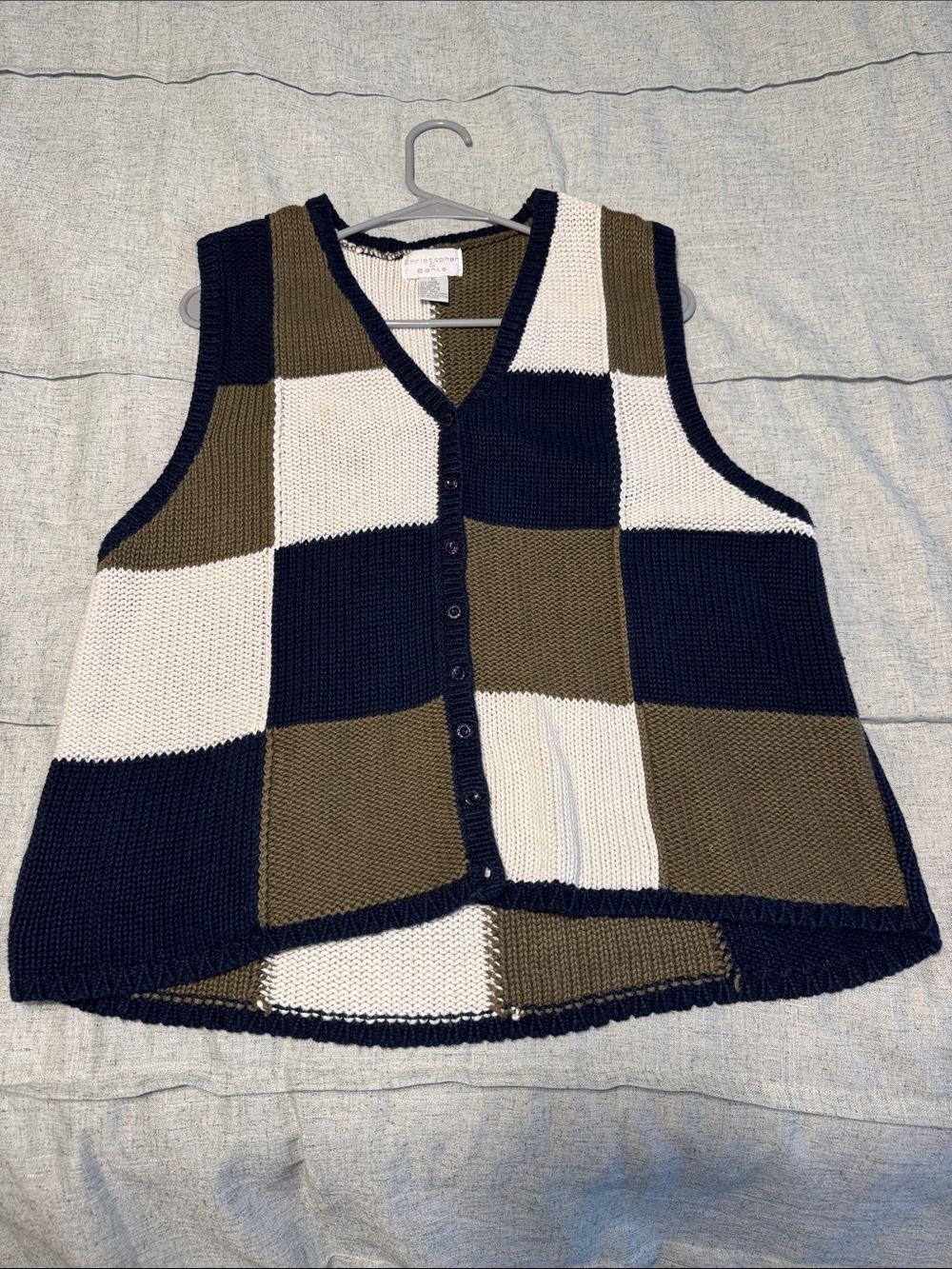 Checker Knit Button-Up Vest in Navy, Olive & White